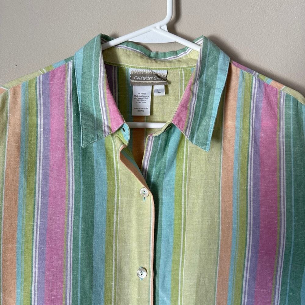 Coldwater Creek Blouse Womens LARGE Linen Blend Pastel Rainbow Stripe Top Shirt - Picture 2 of 11